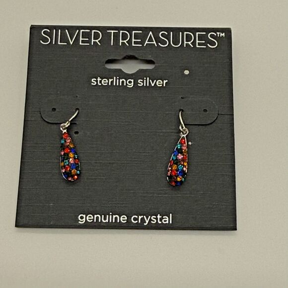 Silver Treasures Sterling Pavé Multicolor Crystal Teardrop Dangle Earrings Hook - Picture 3 of 6